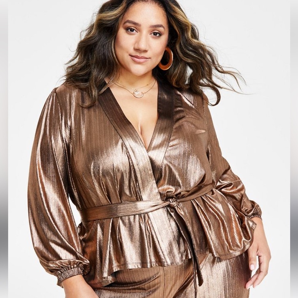 Nina Parker metallic rose gold wrap top size 0X new  holiday evening  mob wife